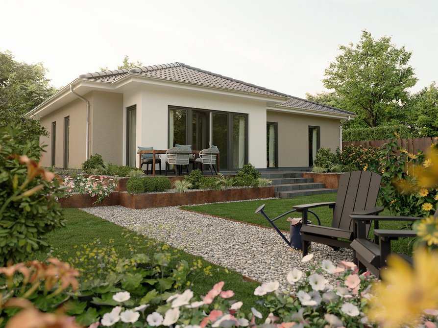 Individuell gestalteter Bungalow 110 mit zweifarbigem Fassadenputz, großzügigen Fensterfronten und praktischem Winkel